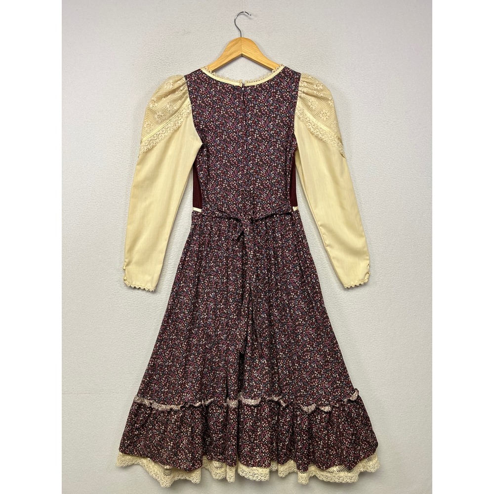 Gunne Sax Vintage Prairie Dress Womens XS Burgundy Floral Lace 70s Boho Dress - Picture 2 of 13